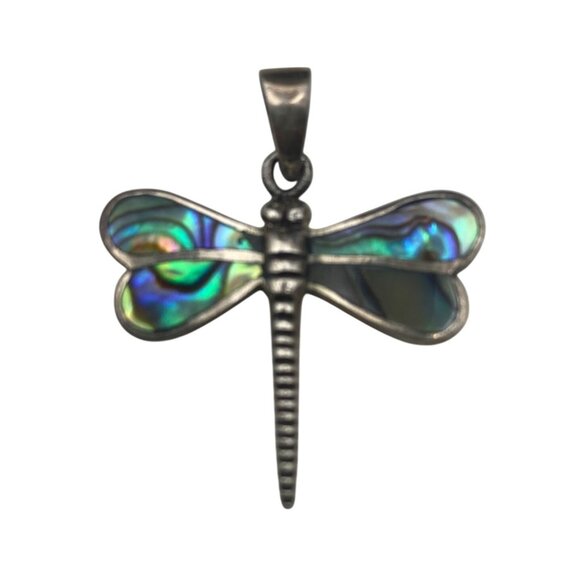 Sterling Silver 925 Dragonfly Pendant Necklace Abalone Shell 18" Chain 4.67g - Picture 1 of 12